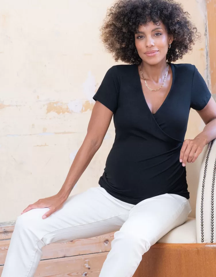 Seraphine Tops*Black Mock Wrap Maternity & Nursing Top |