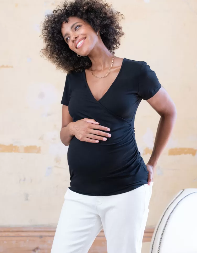 Seraphine Tops*Black Mock Wrap Maternity & Nursing Top |