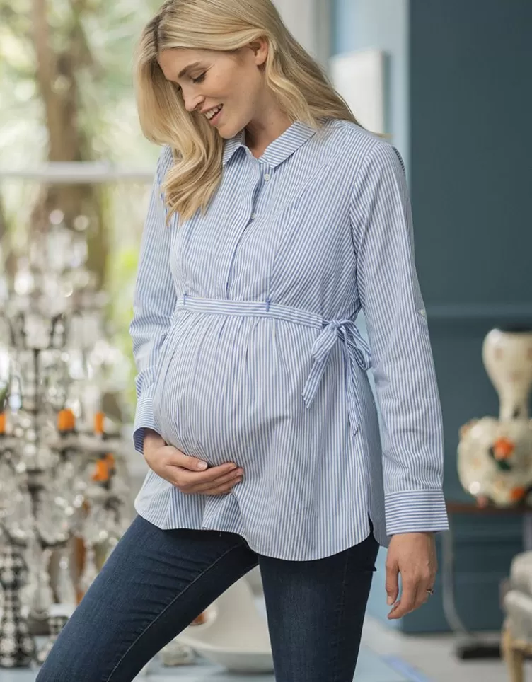 Seraphine All Nursing | Hoodies & Tops*Blue & White Pinstripe Tie Side Maternity to Nursing Shirt |