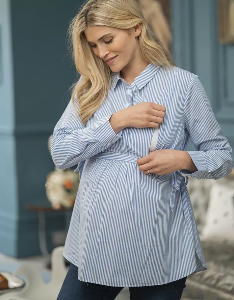 Seraphine All Nursing | Hoodies & Tops*Blue & White Pinstripe Tie Side Maternity to Nursing Shirt |