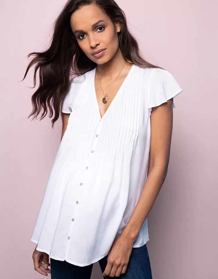 Seraphine Tops*Casual White Pintuck Maternity Blouse |