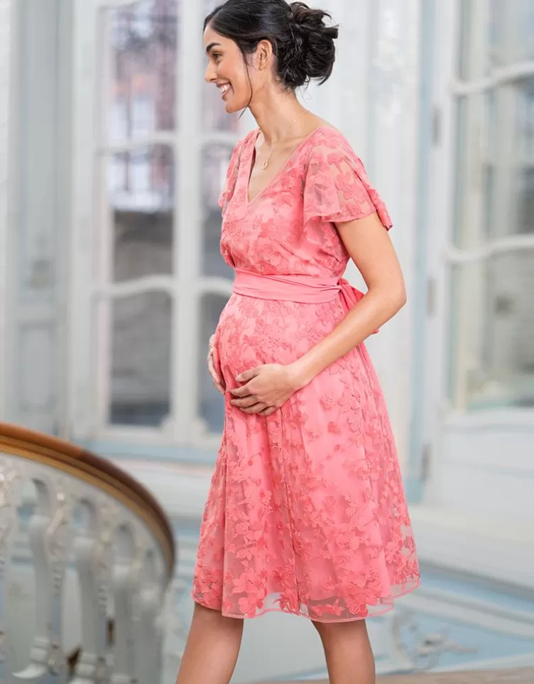 Seraphine All Nursing | Dresses*Coral Pink Floral Lace Maternity to Nursing Occasion Dress |