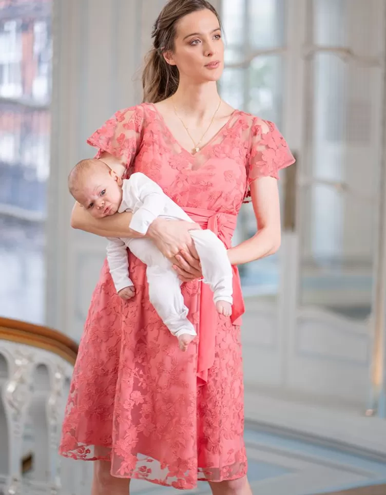 Seraphine All Nursing | Dresses*Coral Pink Floral Lace Maternity to Nursing Occasion Dress |