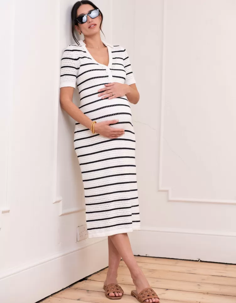 Seraphine Dresses*Crochet-Look Striped Collar Midi Dress |