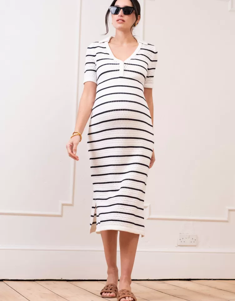 Seraphine Dresses*Crochet-Look Striped Collar Midi Dress |