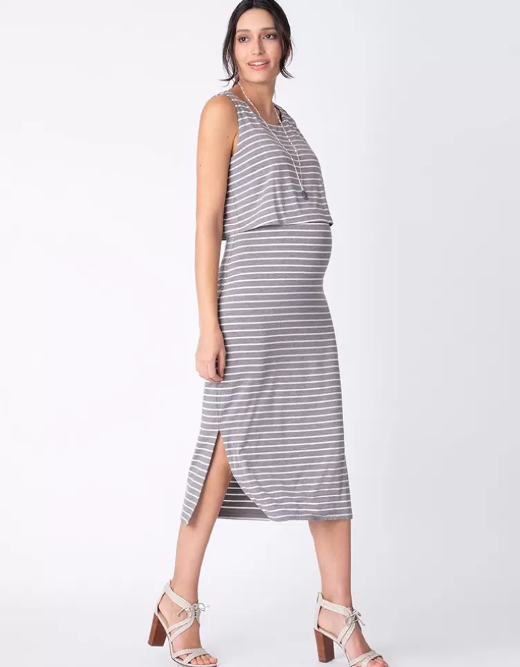 Seraphine Dresses*Grey Stripe Maternity & Nursing Midi Dress |