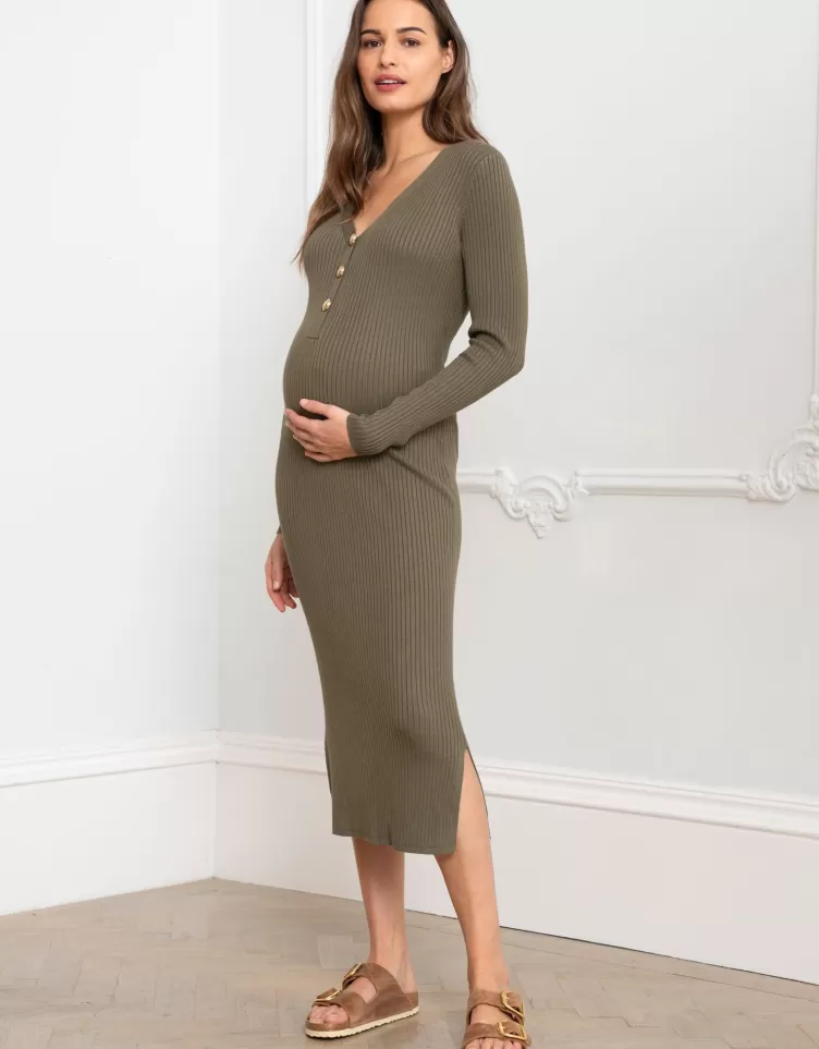 Seraphine Dresses*Khaki Ribbed Knit Midi Maternity Dress |