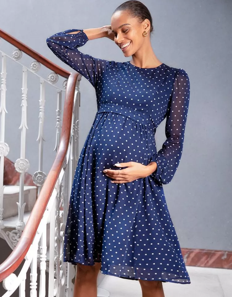 Seraphine All Nursing | Dresses*Navy & White Spot Chiffon Maternity to Nursing Dress |