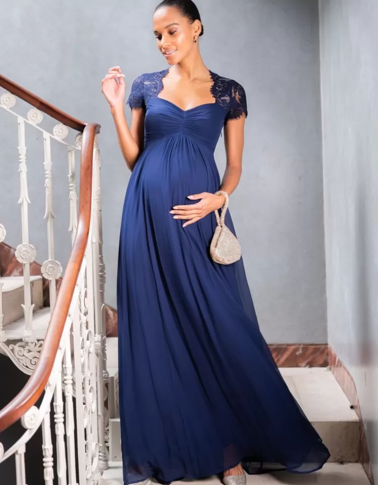 Seraphine Occasion Dresses*Navy Blue Silk & Lace Maternity Evening Dress |